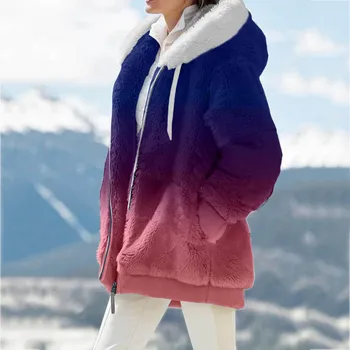 Женский плюшевый пуховик с градиентным рисунком, женская зимняя теплая куртка на молнии с длинными рукавами, хлопковая куртка с капюшоном и утолщением