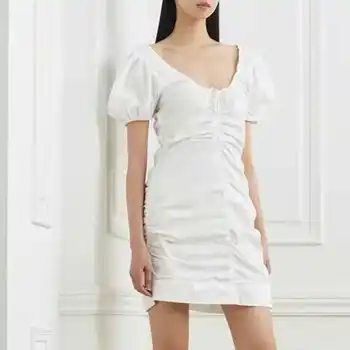 2023 Весенне-летнее новое платье с пышными рукавами, белое платье с короткими рукавами и V-образным вырезом на завязках, женское мини-платье