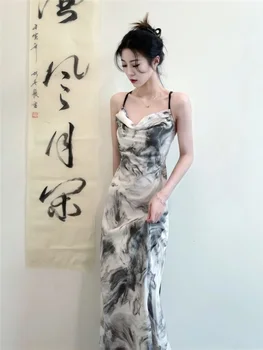 Новая Китайская Живопись Тушью, Платье с Открытой спиной В Китайском Стиле, Летнее Женское Платье в стиле Ретро С Принтом, Завернутое в Бедра, Платье S-XL