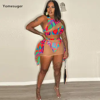 Yomesuger, Модный Комплект из 3 предметов С принтом, Женская Сексуальная Прозрачная Мини-юбка с кисточками По бокам и Бикини, Комплект из 2023 Пляжных Нарядов