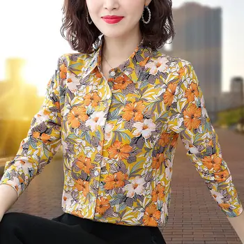 Украшено принтом мода все-Матч цветочные рубашка женская одежда 2023 Осень Зима негабаритных повседневные топы дамы офис блузка