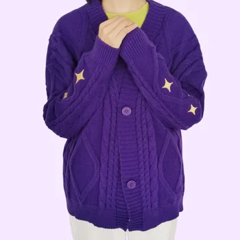 2023 Фиолетовый Кардиган, Женские свитера с вышивкой в виде звезд, Вязаные Кардиганы с длинными рукавами и V-образным вырезом, Топы-свитера Lor Y2k