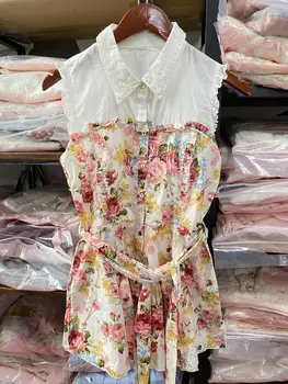 Japan Liz Lisa Летнее Хлопковое платье-рубашка без рукавов с кружевным воротником и поясом с цветочным принтом из хлопка