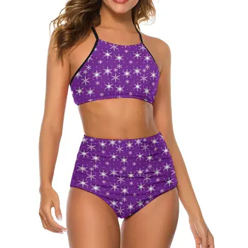 Зимний комплект бикини Snowflake Фиолетово-белый Регулируемый купальник бикини, сексуальные купальники с высокой талией, пляжный узор, забавная пляжная одежда