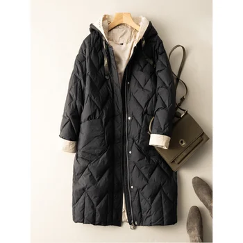 Длинная зимняя куртка на утином пуху, женское стеганое теплое пальто большого размера с капюшоном, модное повседневное лоскутное шитье на осень-зиму Q569