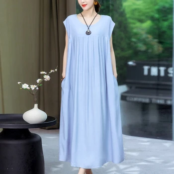 Новая мода 2023, Повседневные летние платья с круглым вырезом для женщин, Винтажная Элегантная женская одежда больших размеров с коротким рукавом