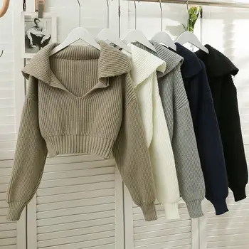 Зимние укороченные вязаные свитера, топы, женские повседневные Корейские пуловеры Оверсайз в рубчик с V-образным вырезом и длинным рукавом, джемперы Sueter Tops