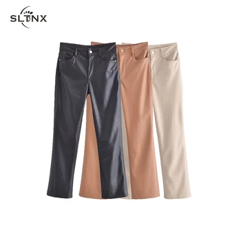 SLTNX Модные женские брюки из искусственной кожи для женщин 2023, низкая талия, расклешенные брюки на молнии, женская уличная одежда, шикарные элегантные брюки