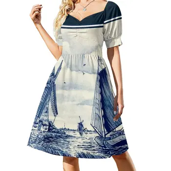 Новый ГОЛЛАНДСКИЙ СИНИЙ ДЕЛФТ: винтажное платье без рукавов с принтом парусника и ветряных мельниц, женское элегантное платье 2023