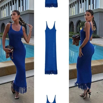 Вязаное длинное платье-слинг с кисточками, пуловер, U-образный вырез, без рукавов, Модное женское летнее пляжное платье Vestido Luxury Party Robe 2023 New