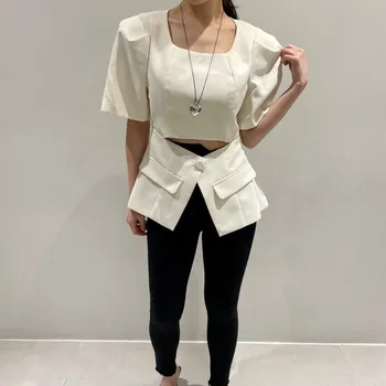 Женский летний винтажный блейзер, офисные женские рубашки с квадратным воротником и коротким рукавом, топы в корейском стиле 2023 года