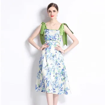 Женское винтажное летнее платье Миди с цветочным принтом для отдыха в богемном стиле, без рукавов, с квадратным воротником, с высокой талией, цветочные платья