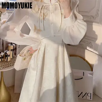 Корейское весеннее платье Миди High Street Slim 2023 Y2k, винтажное платье из французского кружева, Женское модное Элегантное цельнокроеное платье с длинным рукавом