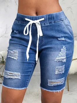 2023 Женские джинсы с высокой талией на шнурке в корейском стиле длиной выше колена, повседневные джинсовые короткие брюки с рваными полыми кисточками