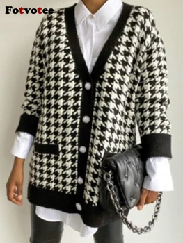 Fotvotee, вязаный кардиган, свитер, Женская Корейская мода в клетку, осень-зима 2023, Винтажное пальто с длинным рукавом, V-образный вырез, черный