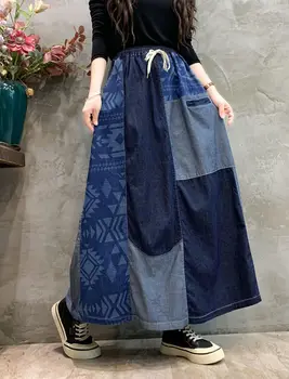 Осенняя женская юбка 2023 из хлопчатобумажного денима в стиле пэчворк с эластичным поясом Трапециевидной формы, свободная модная юбка с эластичным поясом YoYiKamomo