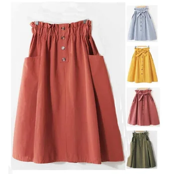 Женские хлопчатобумажные юбки с галстуком-бабочкой, пояс на пуговицах для школьницы, Трапециевидная юбка с высокой талией средней длины, доступно несколько стилей