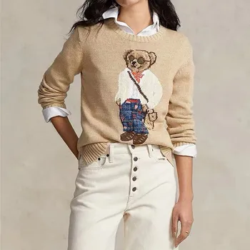 Свитер с Мультяшным Медведем, женская зимняя одежда, Модный вязаный пуловер с длинным рукавом, свитер 2023, Новое хлопчатобумажное пальто, бесплатная доставка