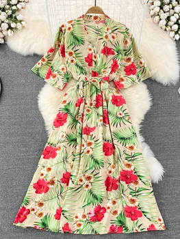 Женское летнее Элегантное платье Миди с цветочным принтом в стиле Бохо, винтажное платье Макси трапециевидной формы для пляжного отдыха, Женское платье, халат