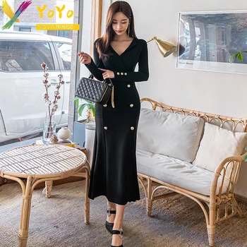 Yoyo Bingo 2023 Осеннее формальное черное платье с V-образным вырезом и длинным рукавом по щиколотку в виде рыбьего хвоста, Тонкое облегающее офисное шикарное рабочее платье