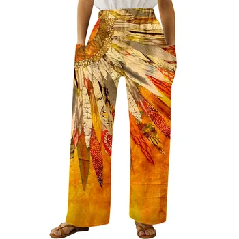Винтажные брюки-карго с ацтекским принтом и высокой талией, женские летние брюки с эластичной резинкой на талии, широкие брюки с карманами, модные женские брюки