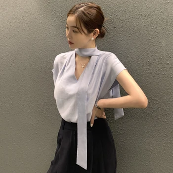 Французская Новая рубашка, темпераментная рубашка с V-образным вырезом и лентой, женская летняя новая высококачественная легкая рубашка в зрелом стиле, Белый топ, женская одежда
