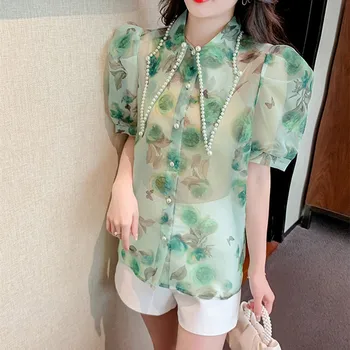 Летняя женская рубашка из органзы с ромбовидным воротником и принтом, однобортные тонкие шифоновые блузки с пышными рукавами, топы