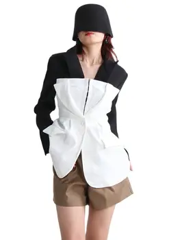 Женский блейзер, черный, белый, в тон, на одной пуговице, с длинным рукавом, женский костюм, пальто, модная приталенная куртка с воротником-лацканом