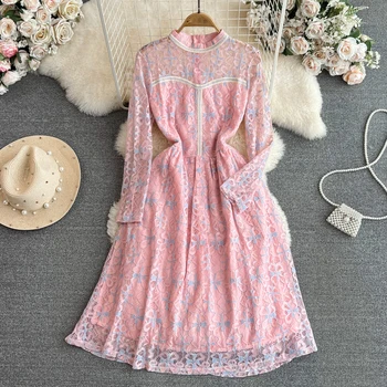 Весенне-осеннее элегантное розовое платье в корейском стиле со стоячим воротником и длинным рукавом, с вырезами средней длины, трапециевидное кружевное простое женское платье