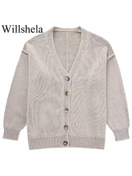 Willshela/ Женский модный однобортный свитер цвета хаки, винтажный V-образный вырез, длинные рукава, женские шикарные топы, наряды для леди