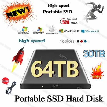 Портативный Высокоскоростной Внешний Твердотельный Накопитель 1 ТБ 2 ТБ 8 ТБ 16 ТБ 64 ТБ SSD Мобильное Запоминающее Устройство USB3.1 Жесткий Диск для ноутбука Ps5