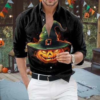 Рубашки на Хэллоуин, мужская рубашка с принтом в виде Тыквенной головы с длинным рукавом, Весна-осень, повседневная пляжная одежда, модные рубашки для вечеринок, топы, Camisa