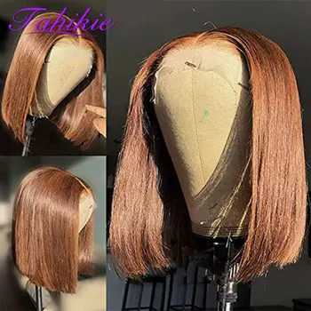 Короткий парик Боб Шоколадно-коричневый 13x4 Прозрачный прямой парик Боб на шнурке 4x4 Закрытие Человеческих волос Парики для женщин Tahikie Hair