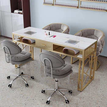 Современные мраморные маникюрные столы Коммерческая мебель Маникюрный стол Стул Высококлассная комбинация кованого железа Косметологический стол стул B