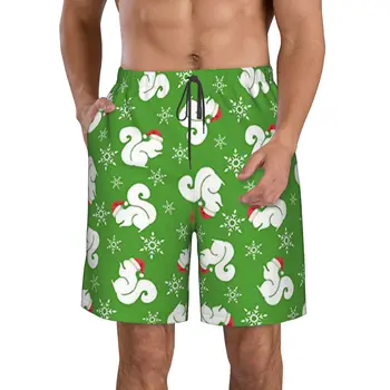 Мужские плавки с принтом Рождественской белки, быстросохнущие пляжные плавки с завязками на талии, пляжные шорты с сетчатой подкладкой