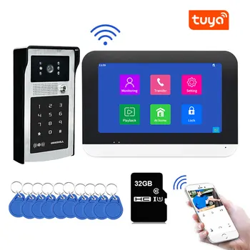 Tuya 1080P WiFi 7-дюймовый Видеодомофон с сенсорным экраном Система безопасности Пароль Идентификационная карта Разблокировка панели видеовызова в квартире