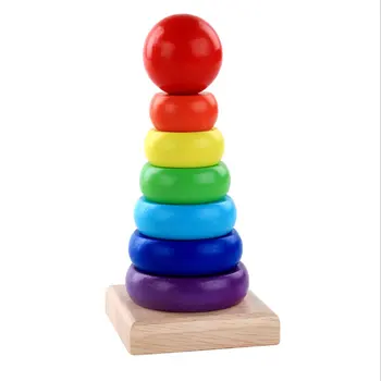 Деревянные игрушки для детей, развивающие игрушки, деревянная семицветная башня, радужная башня, стопки строительных блоков