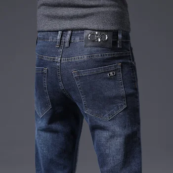 Модные бренды Лето Весна Мужские джинсовые брюки Прямые эластичные хлопчатобумажные деловые брюки Джинсы классического стиля Джинсовые мужские брюки