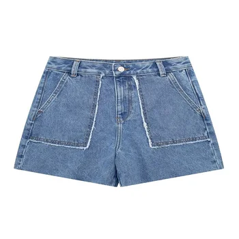 Шикарные женские летние джинсовые шорты Y2K с большим карманом на молнии, тонкие мини-шорты трапециевидной формы, женская летняя повседневная свободная одежда с широкими штанинами