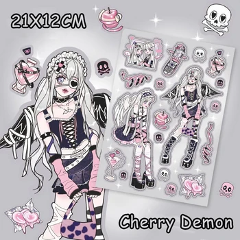 1ШТ Десертный узор Kawaii Cherry Devil Skeleton размером 21 х 12 см, канцелярская наклейка, мультяшные граффити, игрушки премиум-класса для девочек-студенток