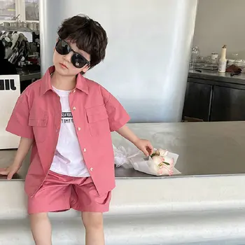 рубашка и шорты для маленьких мальчиков, костюм-двойка, летняя детская одежда 2023 года, хлопковая одежда на пуговицах в стиле харадзюку для малышей 3-8 лет