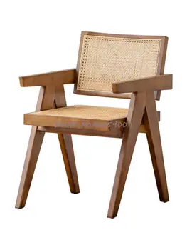 Обеденный стул из ротанга на заказ, из массива дерева, со спинкой из скандинавского дуба, с черным подлокотником, одноместный стул, стул для гостиниц типа 