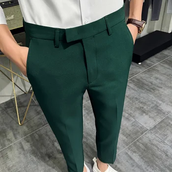 2023 Мужская одежда Брюки Летняя мода Темно-зеленые Мужские костюмные брюки Чистый Цвет Деловое Приталенное Платье Офисные Обтягивающие Укороченные брюки