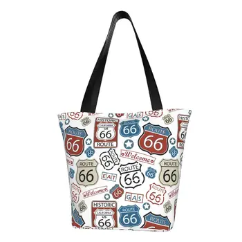 Изготовленные на заказ холщовые сумки для покупок с рисунком Cool Route 66, женские портативные сумки для покупок, дорожные знаки США, сумки для покупок
