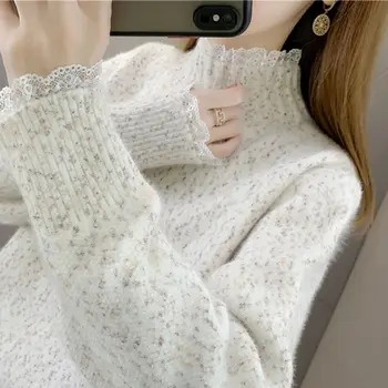 Женский свитер 2023, осень и зима, новый теплый вязаный пуловер с полувысоким воротником, Модный Свободный женский вязаный топ B539