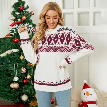 Рождественский свободный пуловер с круглым вырезом и длинным рукавом для женщин