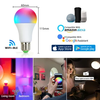 WiFi Smart E27 10 Вт AC220V Светодиодные лампы с регулируемой яркостью RGB, управление приложением Smart Life, Поддержка Alexa Google Home, Освещение для спальни