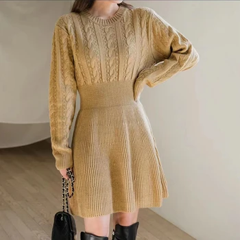 2023 Осеннее женское шерстяное платье цвета хаки с круглым вырезом и рукавом-фонариком, мини-вязаное платье, зимний сексуальный трикотажный пуловер из твиста