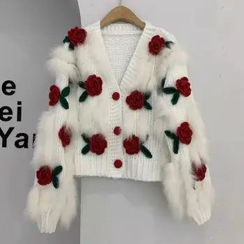 2023 Весна-Осень, Новые женские свитера с 3D цветами, куртки, Женский свободный кардиган с V-образным вырезом, женские вязаные пальто с длинным рукавом T510