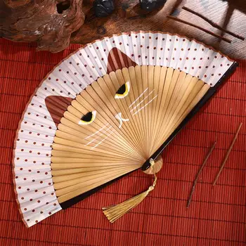 Ручной веер с мультяшным котом, шелковый ручной складной веер в японском стиле, винтажные китайские женщины, шоу для девочек, танцевальный реквизит для косплея